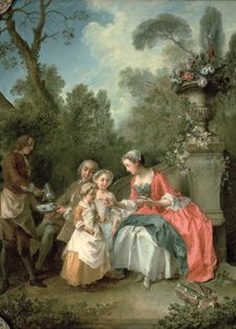 2人の子供がいる庭の女性と紳士c。 1887年の油彩、キャンバスの細部29887 作： Nicolas Lancret
